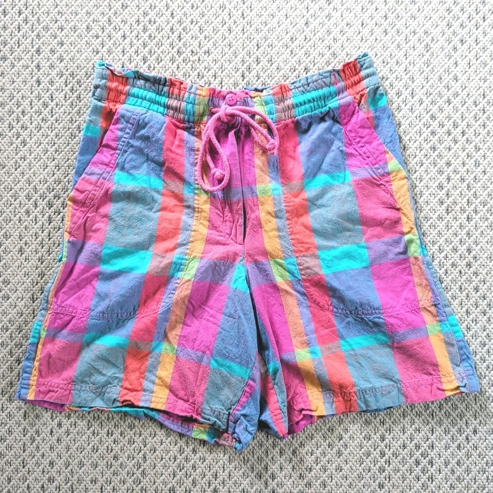 VTG Carmel Pastel Plaid Drawstring Shorts W28-31" 80s Resort Grandmacore Mom 90s